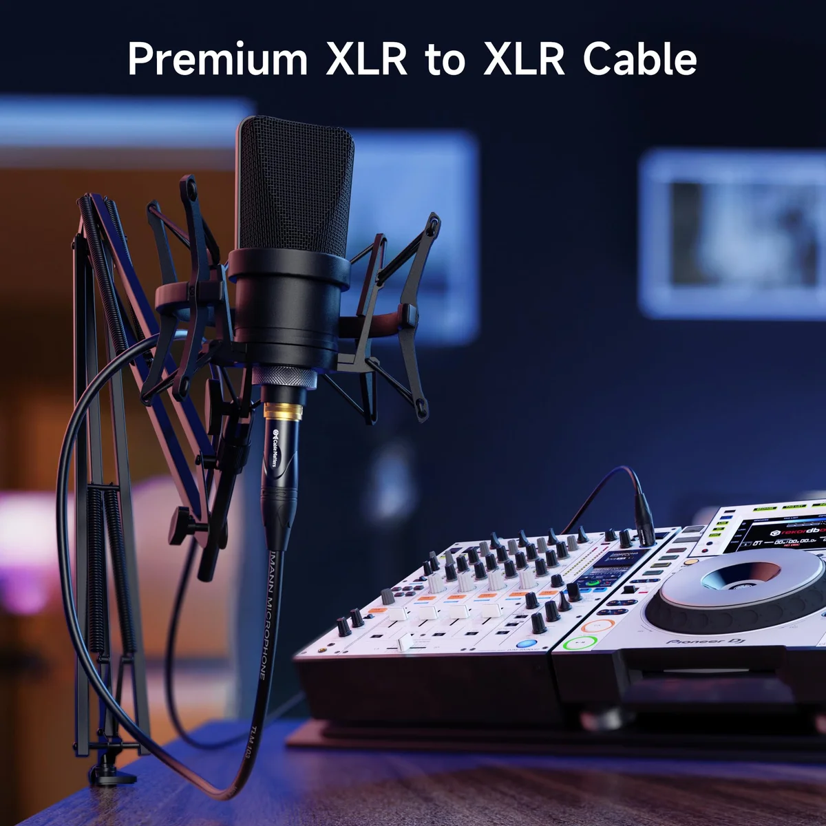 Cable Matters premium XLR cable showing the three-pin XLR connector and braided shielding construction