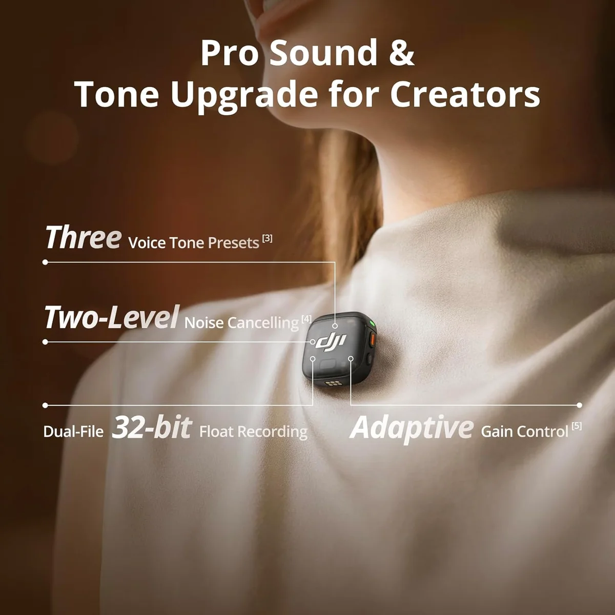 DJI Mic 3 wireless system — 32-bit float recording provides noise floor headroom that 16-bit and 24-bit systems cannot match