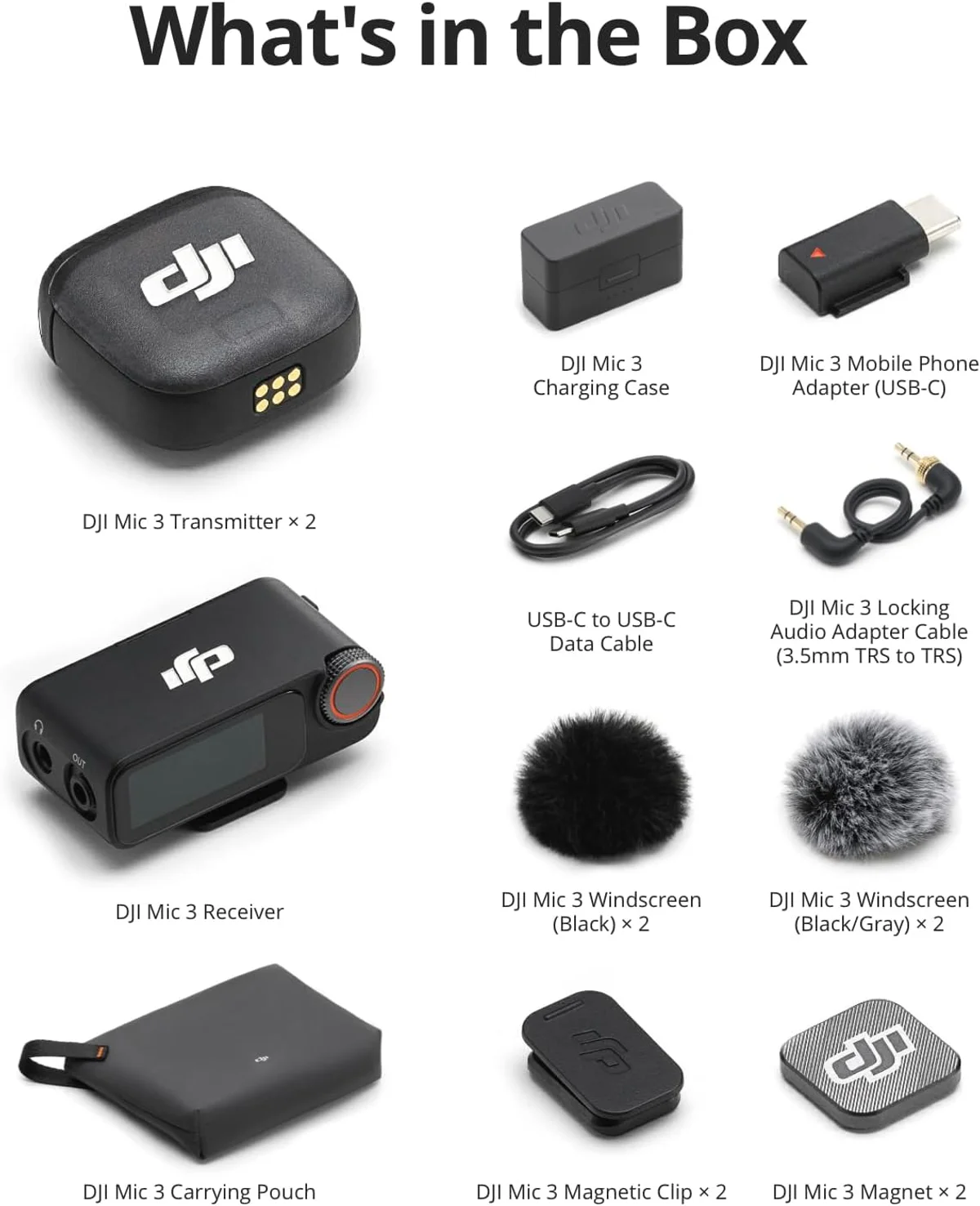 DJI Mic 3 complete system — receiver, transmitters, and charging case