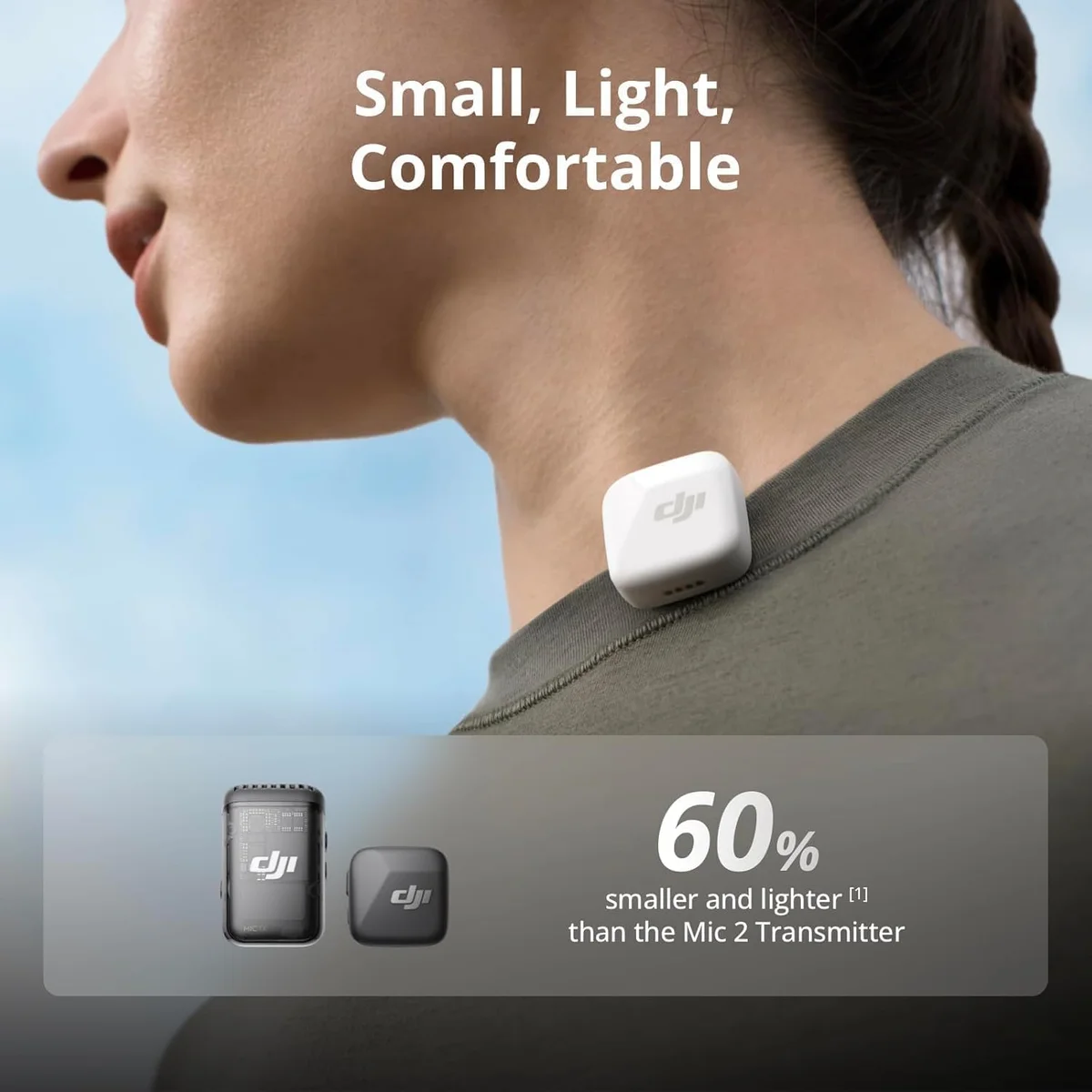 DJI Mic Mini pocket-sized transmitter clipped on collar