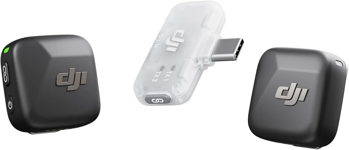 DJI Mic Mini complete kit laid out — transmitters, docks, windscreens, and receiver