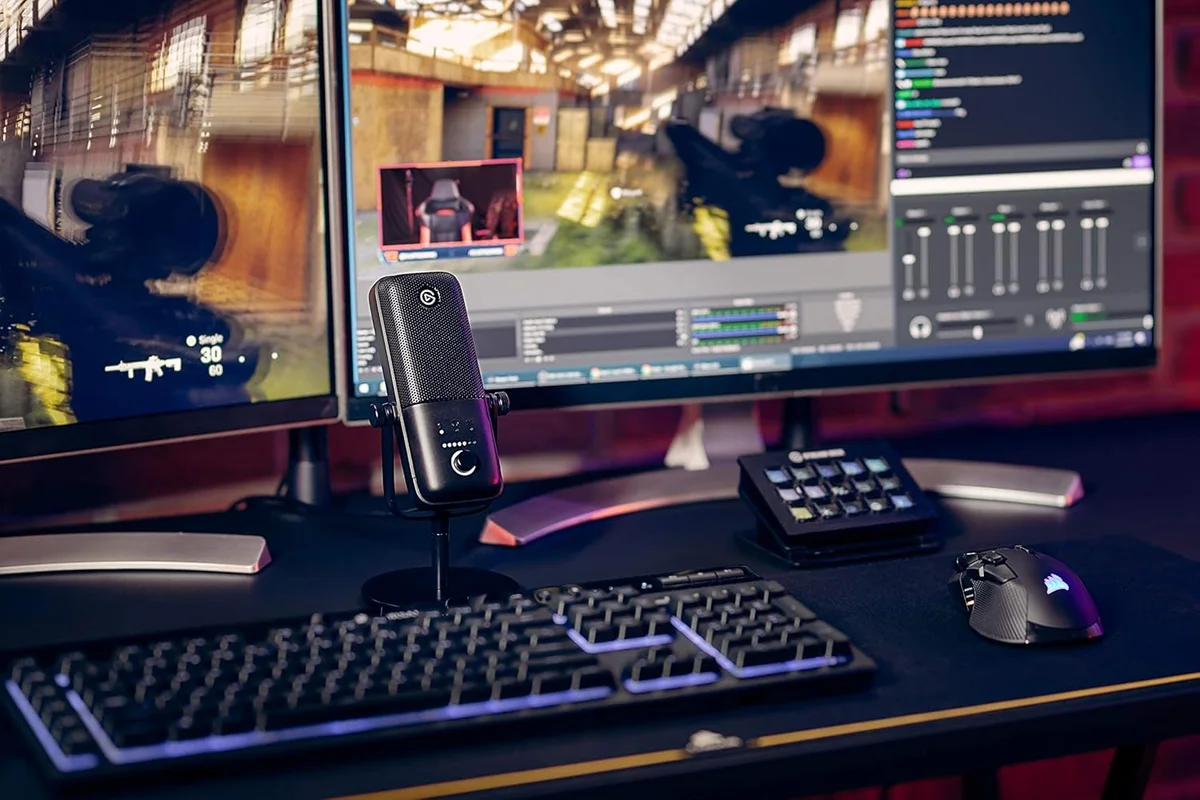Elgato Wave:3 compact form factor — disappears behind a monitor on a small streaming desk