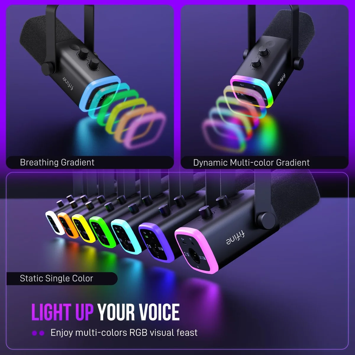 FIFINE AM8 on its included shock mount — the desktop setup for budget creators