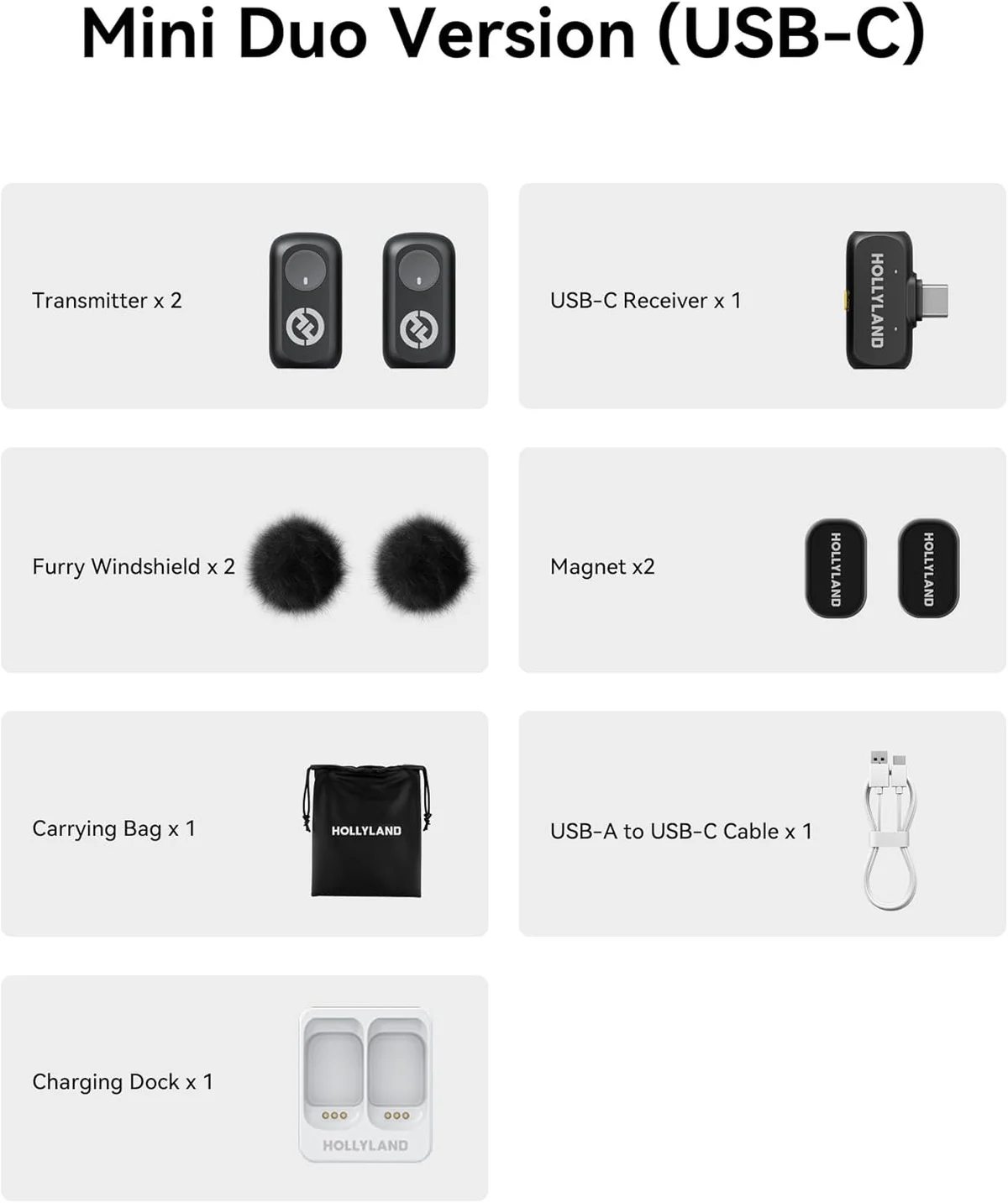 Hollyland Lark A1 full kit — transmitters, receiver, windshields, and charging case