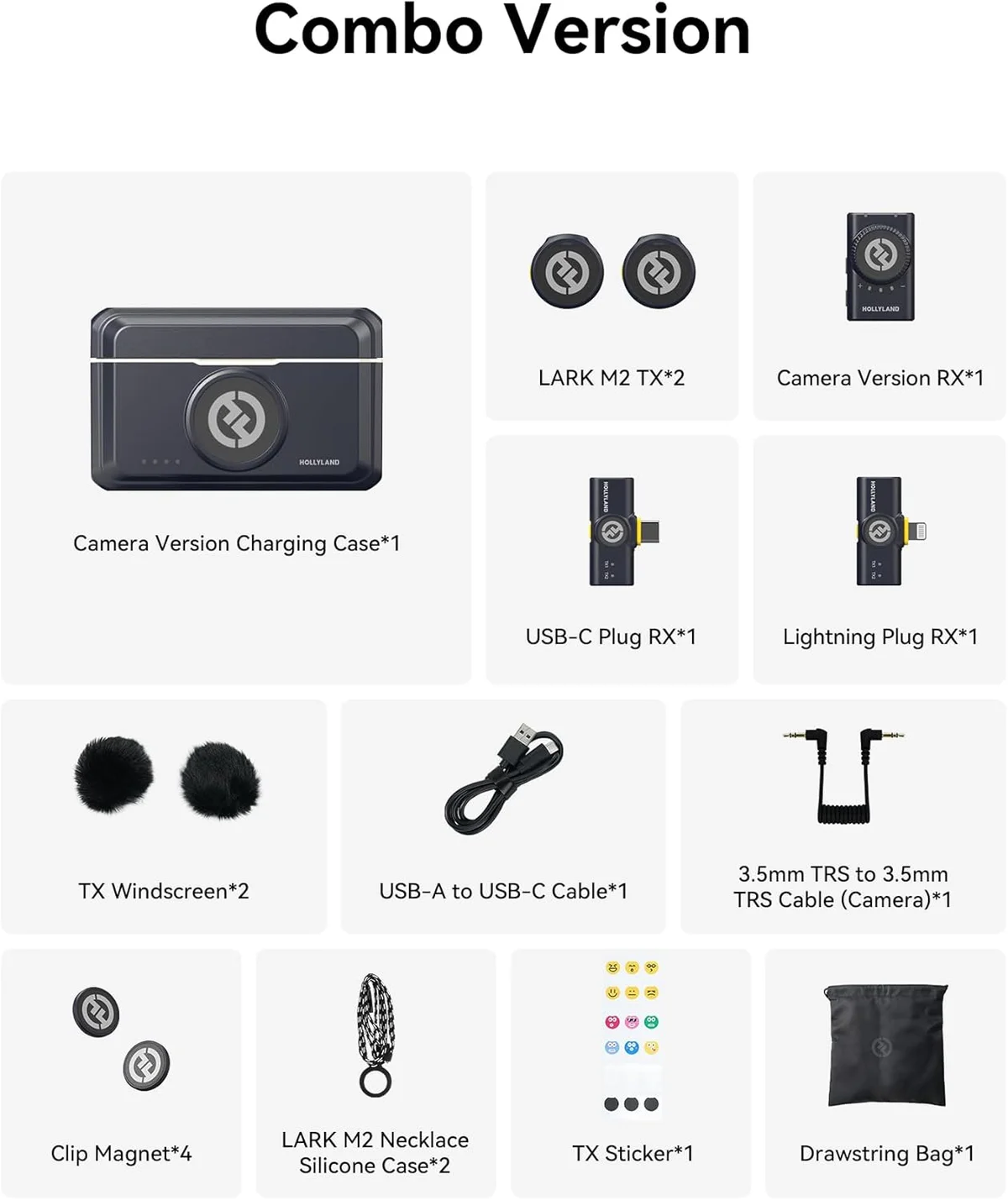 Hollyland Lark M2 full kit — two transmitters, three receivers, charging case, and accessories
