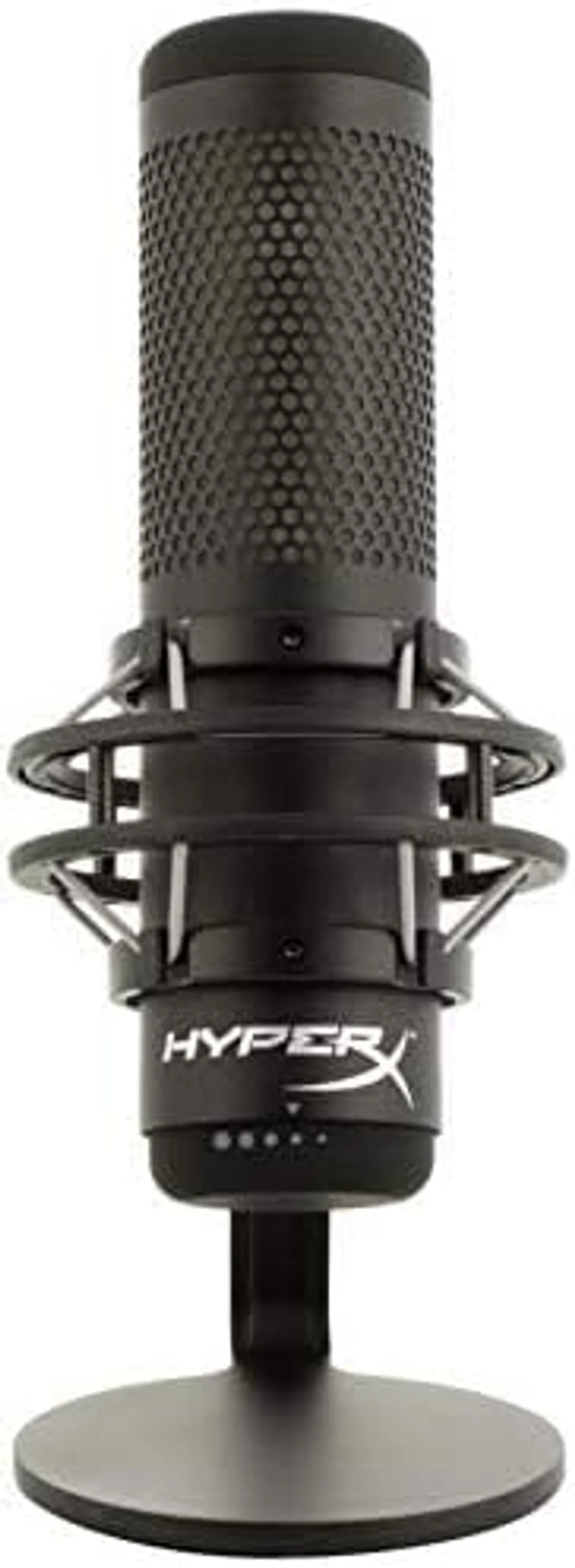 HyperX QuadCast S internal shock mount and gain dial — the gaming-first build at 0.57 lbs