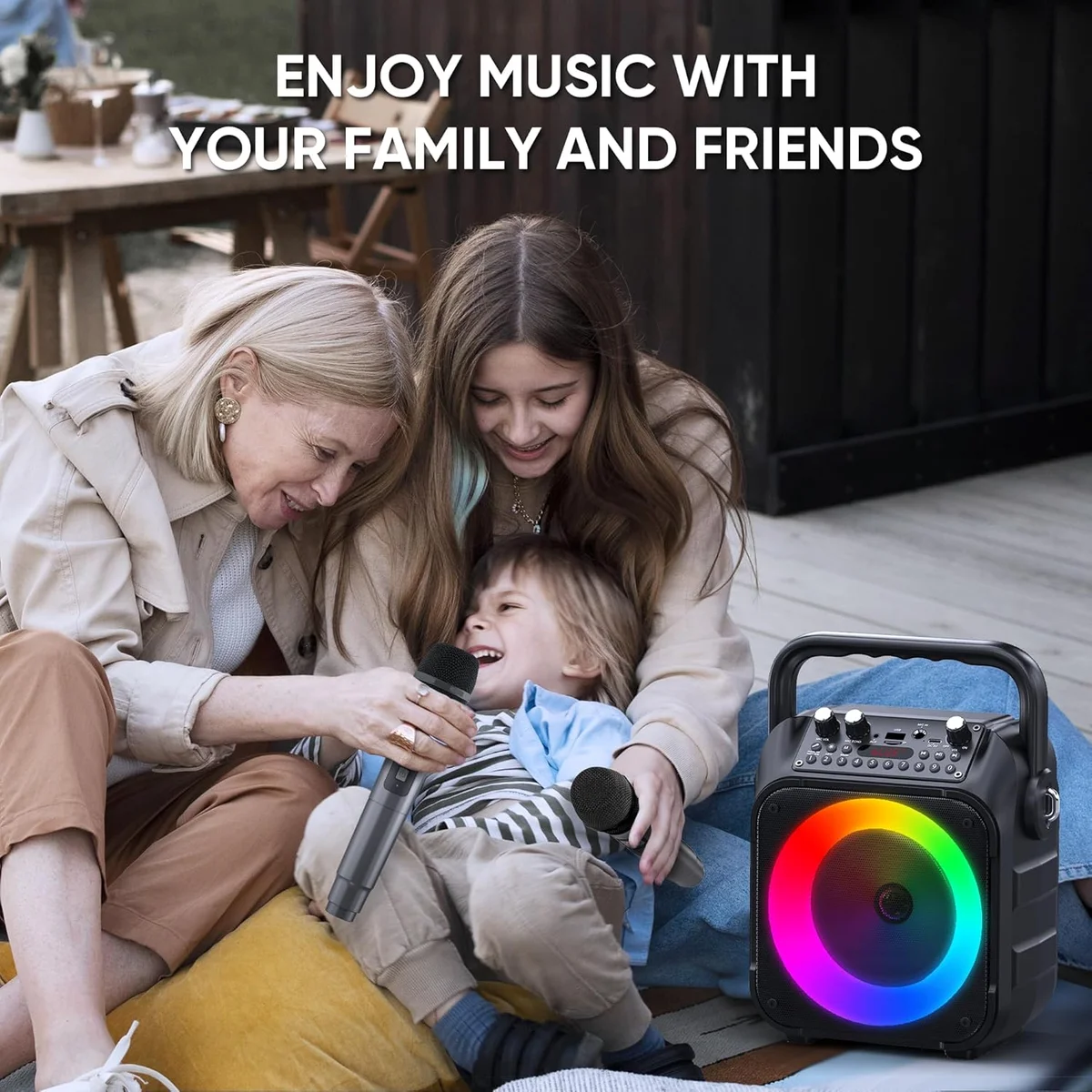 CYY karaoke machine with both wireless microphones — the complete system