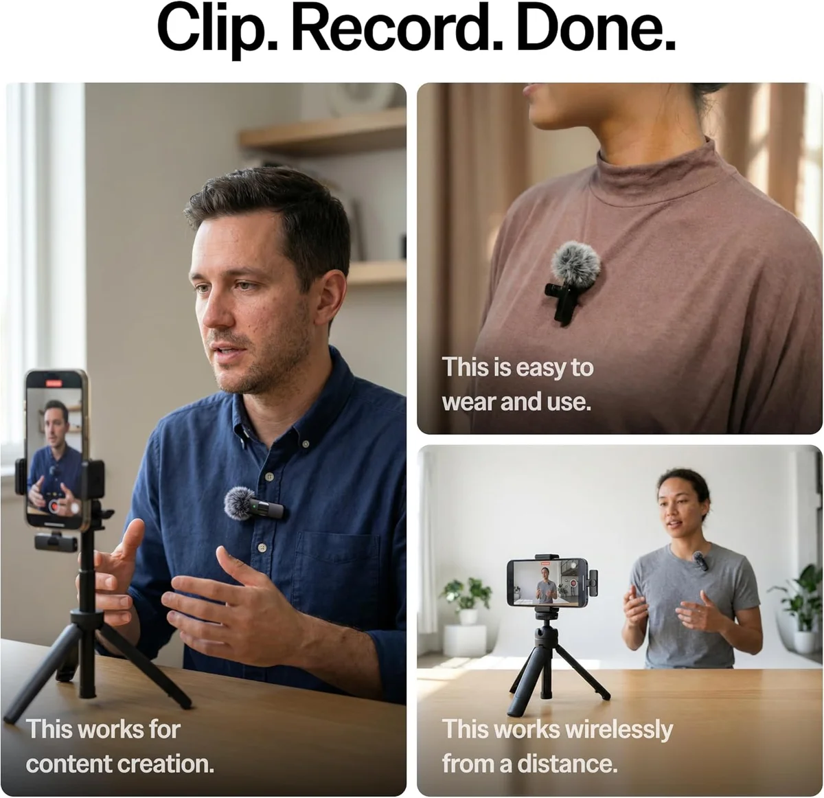 Mini Mic Pro wireless lavalier microphone with USB-C and Lightning adapters