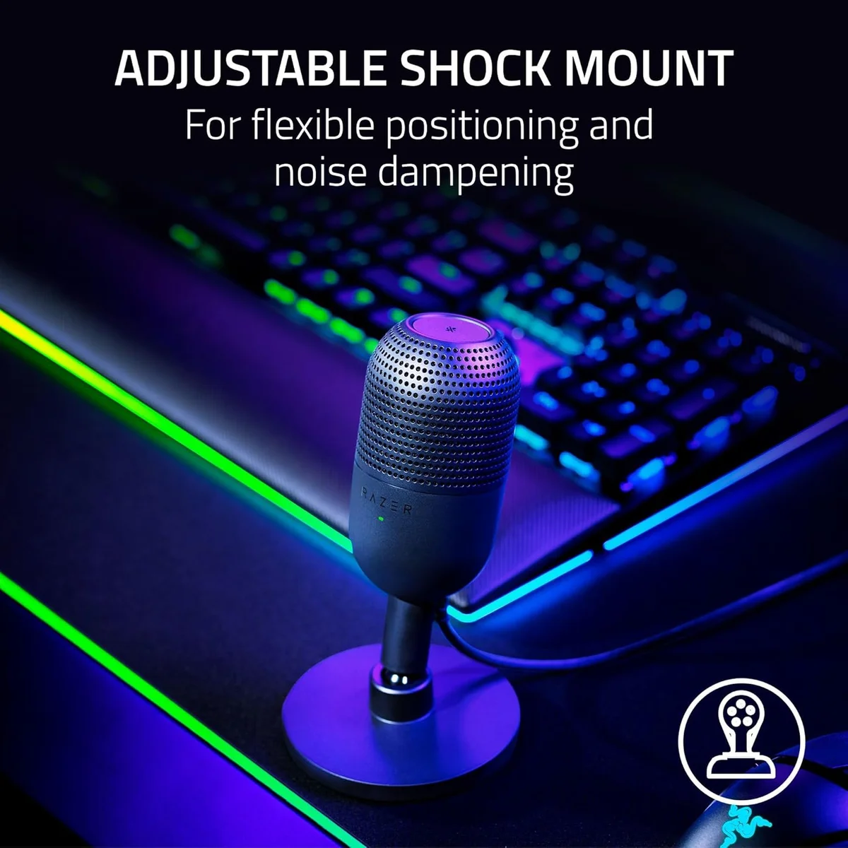 Razer Seiren V3 Mini size comparison — barely visible behind a monitor