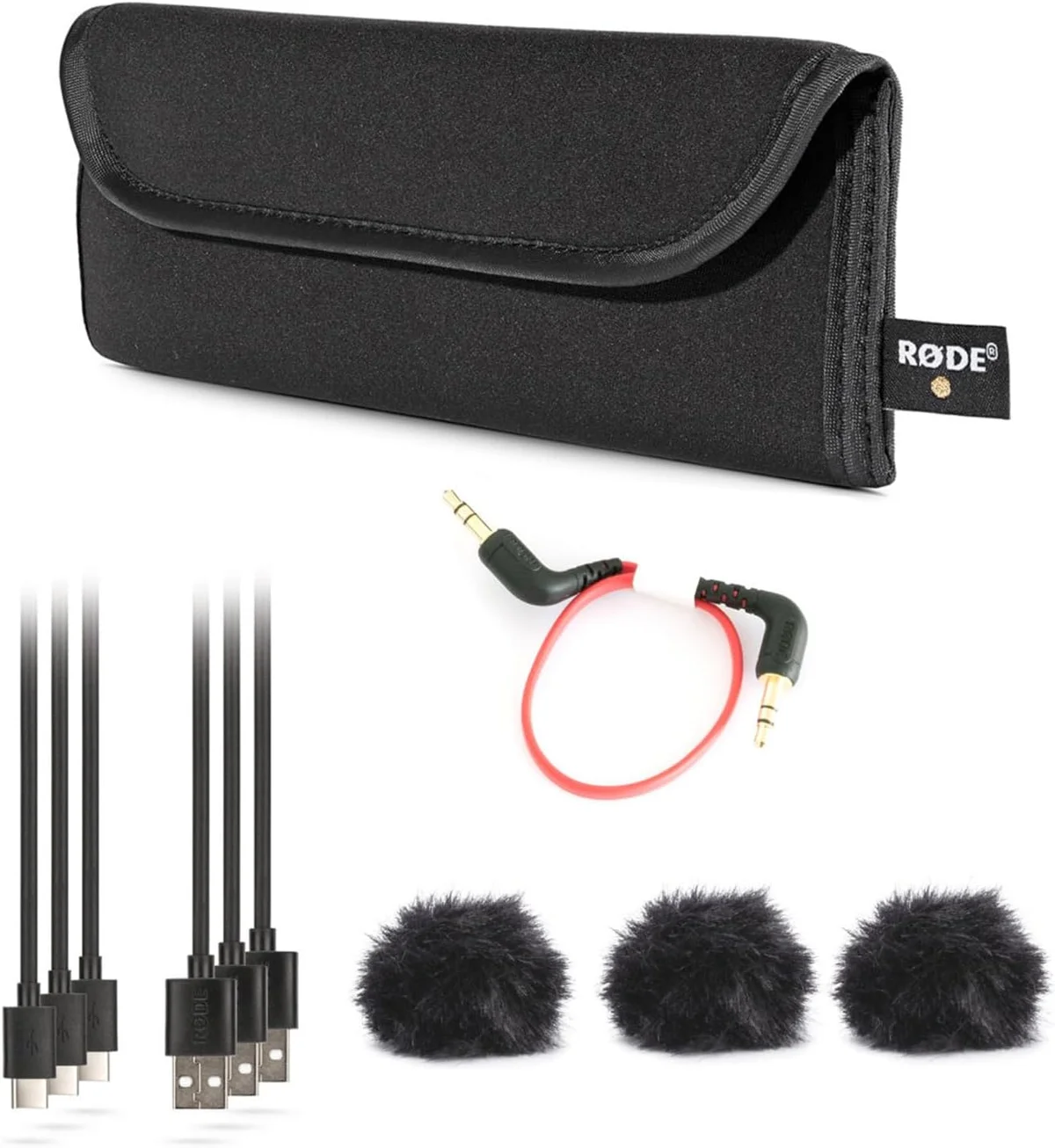 Rode Wireless Go II transmitters — each with 3.5mm lavalier input for concealed mics